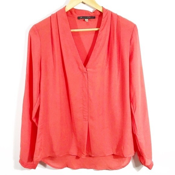 Rose & Olive Coral Split Neck Pleated Blouse - Picture 1 of 7